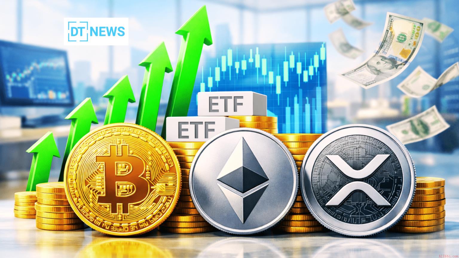 加密货币ETF资金流入激增，比特币、以太坊和瑞波币需求强劲