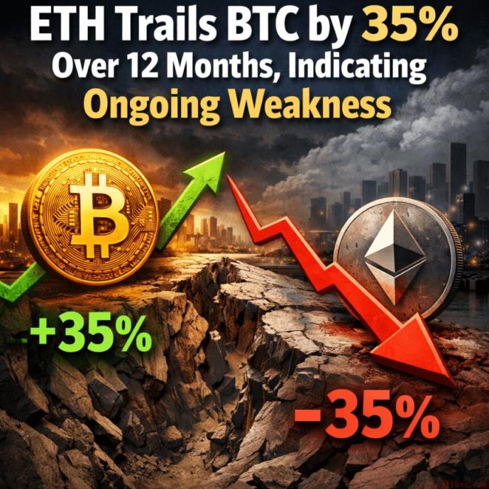 ETH 12个月落后BTC 35%，显示持续疲软态势