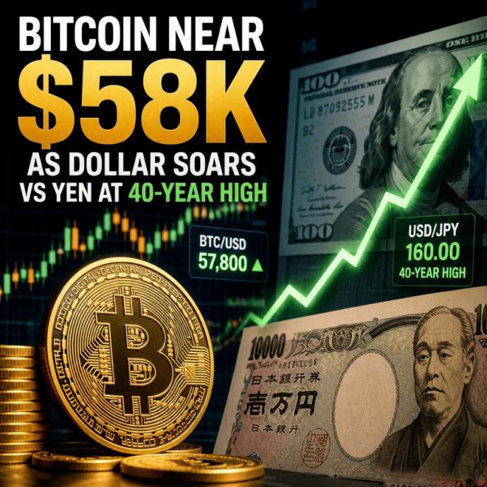 美元兑日元飙至40年高位，比特币逼近5.8万美元