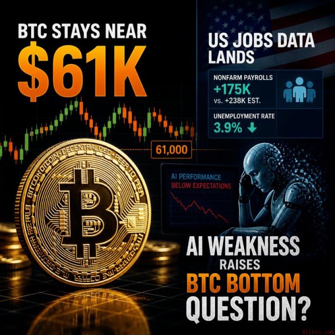 比特币稳守6.1万美元，美国就业数据落地；AI板块疲软引发市场猜测比特币底部