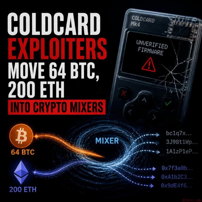 Coldcard漏洞利用者将64枚BTC、200枚ETH转入混币器