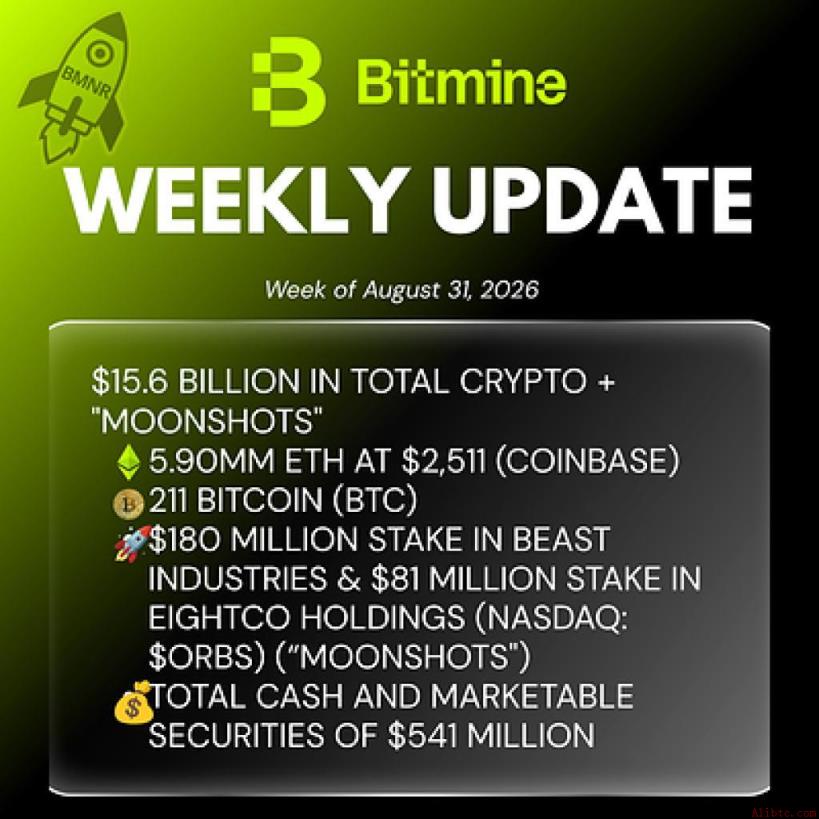 Bitmine宣布持有590万枚ETH，总资产达156亿美元（8月31日）