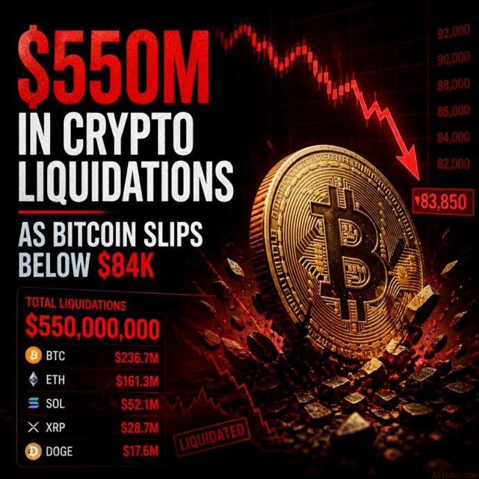 比特币跌破84,000美元引发5.5亿美元清算，21日均线成关键支撑